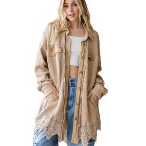 Women’s Cappuccino Washed Button Down Lace Shacket NWT